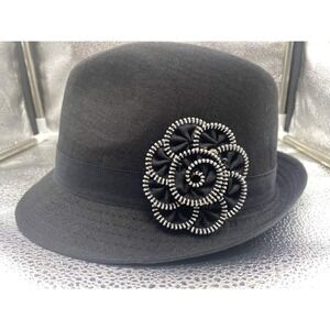 Scala Pronto 100% Linen Fedora Women OS Black Zipper Rose Trilby Boho Chic Artsy